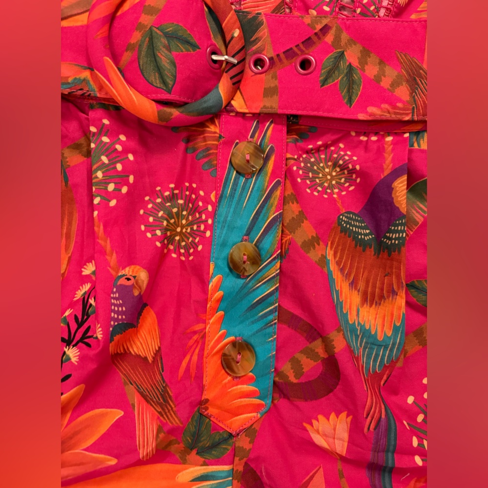 FARM Rio Macaw Party Pink Belted Puff Sleeve Romper - Picture 7 of 12